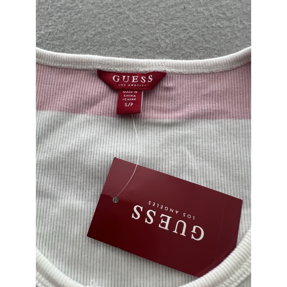 GUESS Womens Ribbed Short Sleeve Top Shirt Scoop Neck Zip Front Pink White Small - Picture 4 of 7